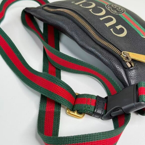 Gucci Black Leather Printed Bum Bag with Green & Red Stripes and Gold Hardware - Picture 7 of 8